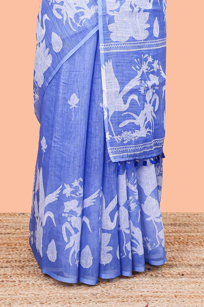 Blue Linen Cotton Body Lotus Flower With Border Crane And Lotus Print and Printed Blouse