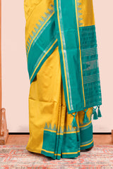 Yellow Retta Petta Art Silk Saree With Plain Body Retta Petta BorderContrast Intricate Gold Zari Stripes Pallu