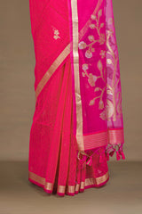 Pink Munga Cotton Zari Butta With Gold Zari Floral Design Pallu