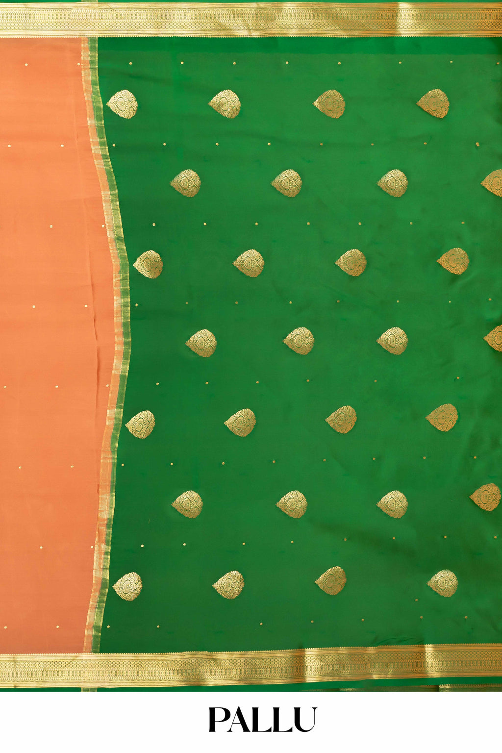 Rust Orange Mysore Pure Silk Saree with Green Zari Border and Contrast Green Pallu – Subtle Golden Buttas