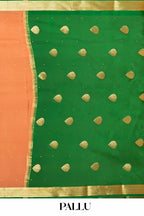 Rust Orange Mysore Pure Silk Saree with Green Zari Border and Contrast Green Pallu – Subtle Golden Buttas