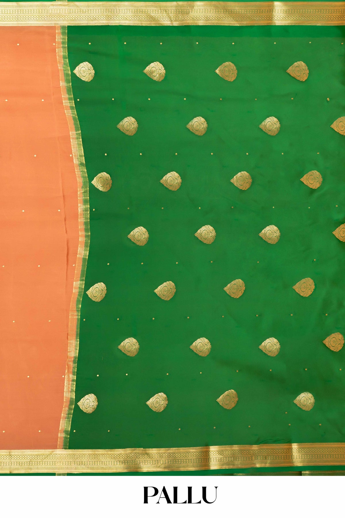 Rust Orange Mysore Pure Silk Saree with Green Zari Border and Contrast Green Pallu – Subtle Golden Buttas