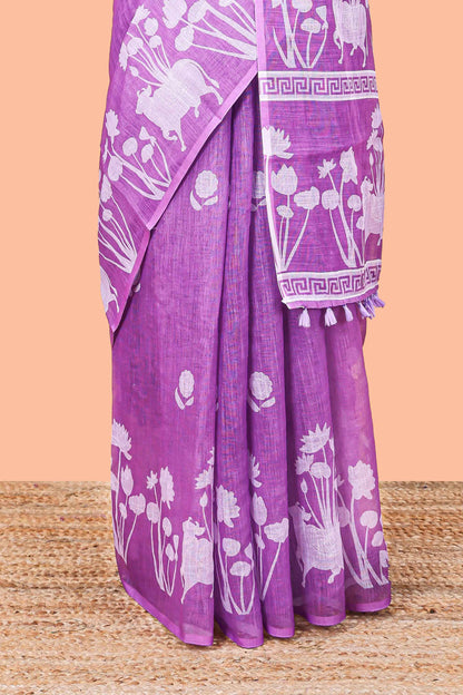 Lavender Linen Cotton Body Flower Print With Border Pichwai and Lotus Flower Print and Printed Blouse