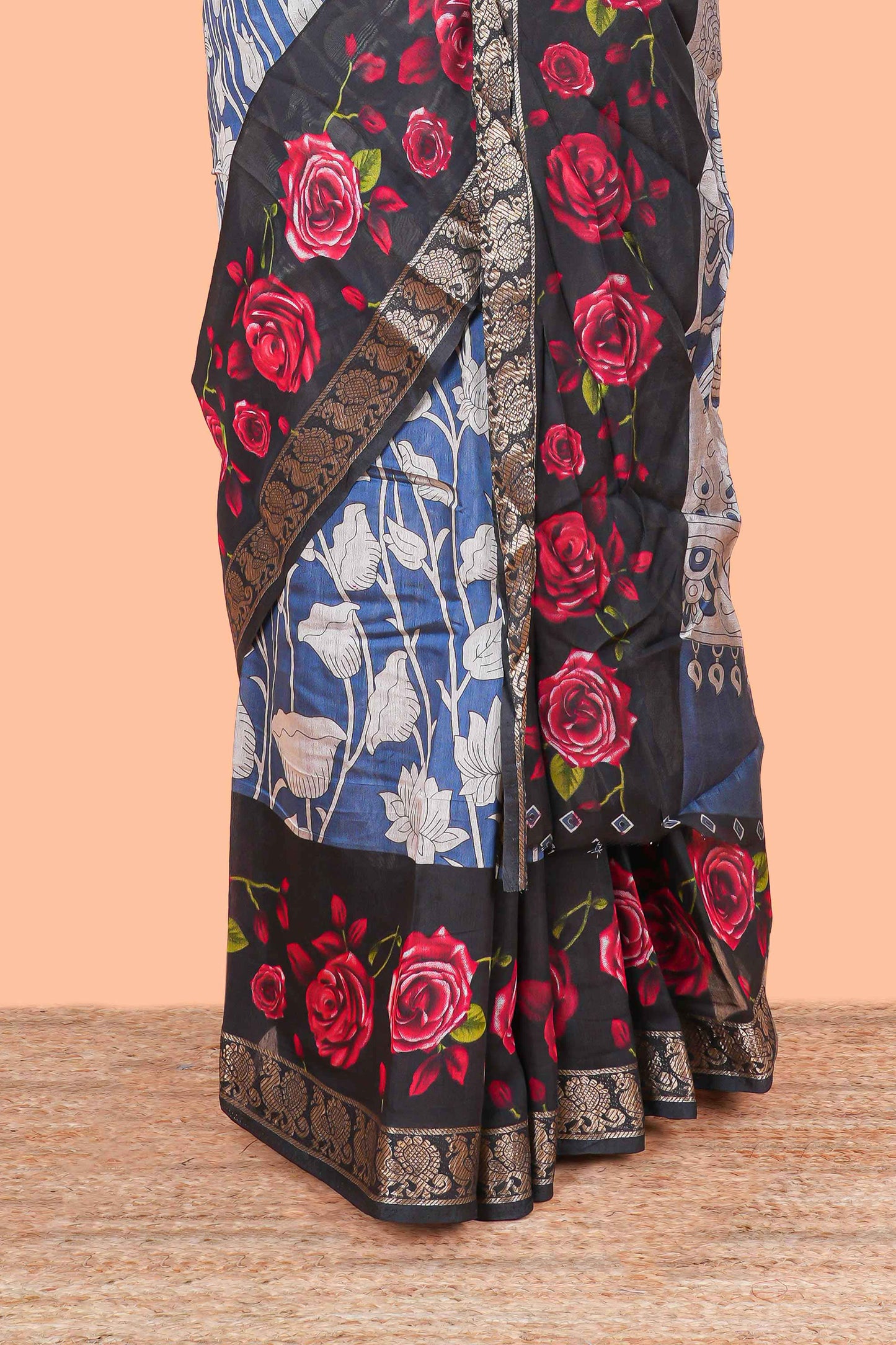 Royal Blue Chanderi Cotton Body and Pallu Kalamkari Print With Zari Border