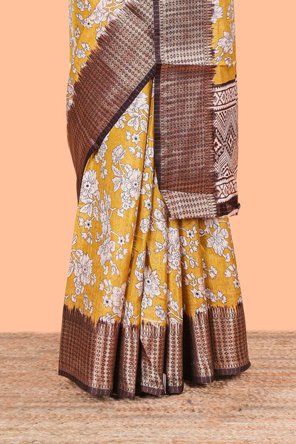Yellow Dola Silk Saree  Floral Printed With Jacquard Border