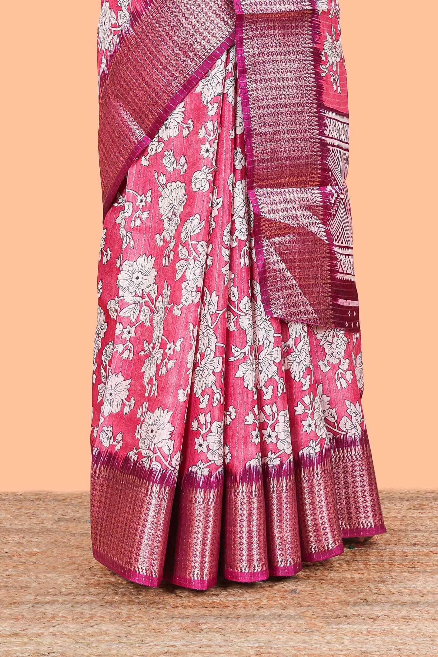 Pink Dola Silk Saree  Floral Printed With Jacquard Border
