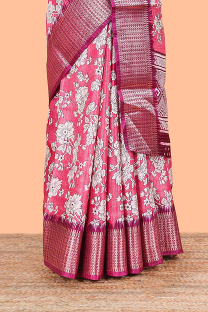 Pink Dola Silk Saree  Floral Printed With Jacquard Border