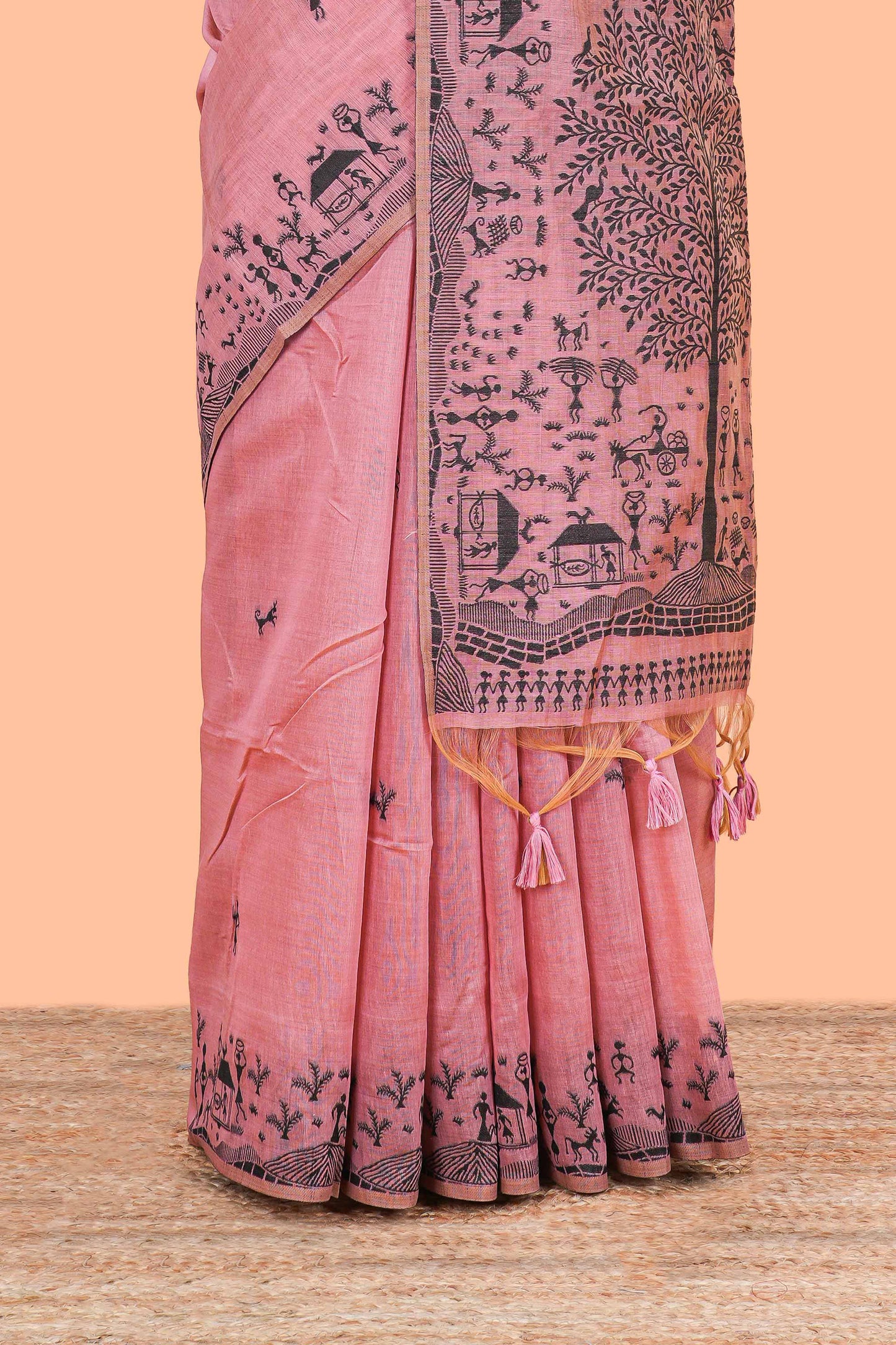 Pink thread woven warli design munga cotton saree with self border and matching blouse