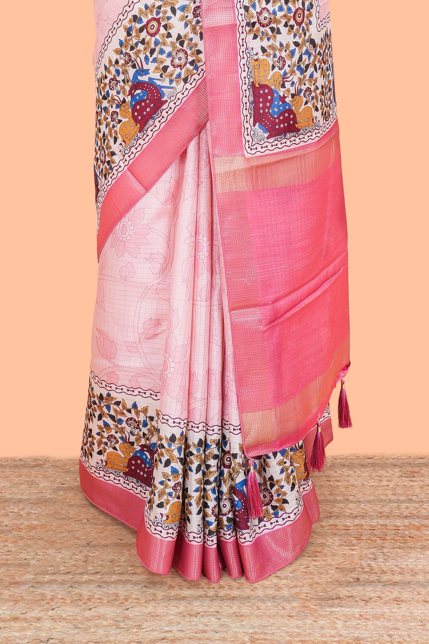 Peach Art Tussar Saree Floral Design Across Body Along With Blouse