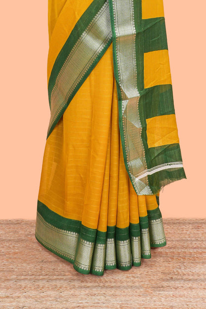 Mustard stripes crepe chiffon saree with contrast border and blouse