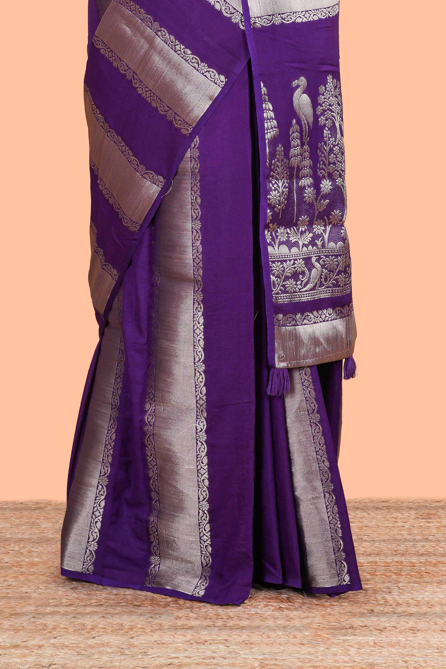Georgette Saree Copper Zari Stripes Across The Body With Floral Design Pallu