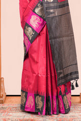 Maroon Semi Art Silk Saree All Over Zari Butta And Border Are Highlight Contrast Color With Zari Woven Elephant, Peacock Motifs With Golden Zari Weaving Pallu
