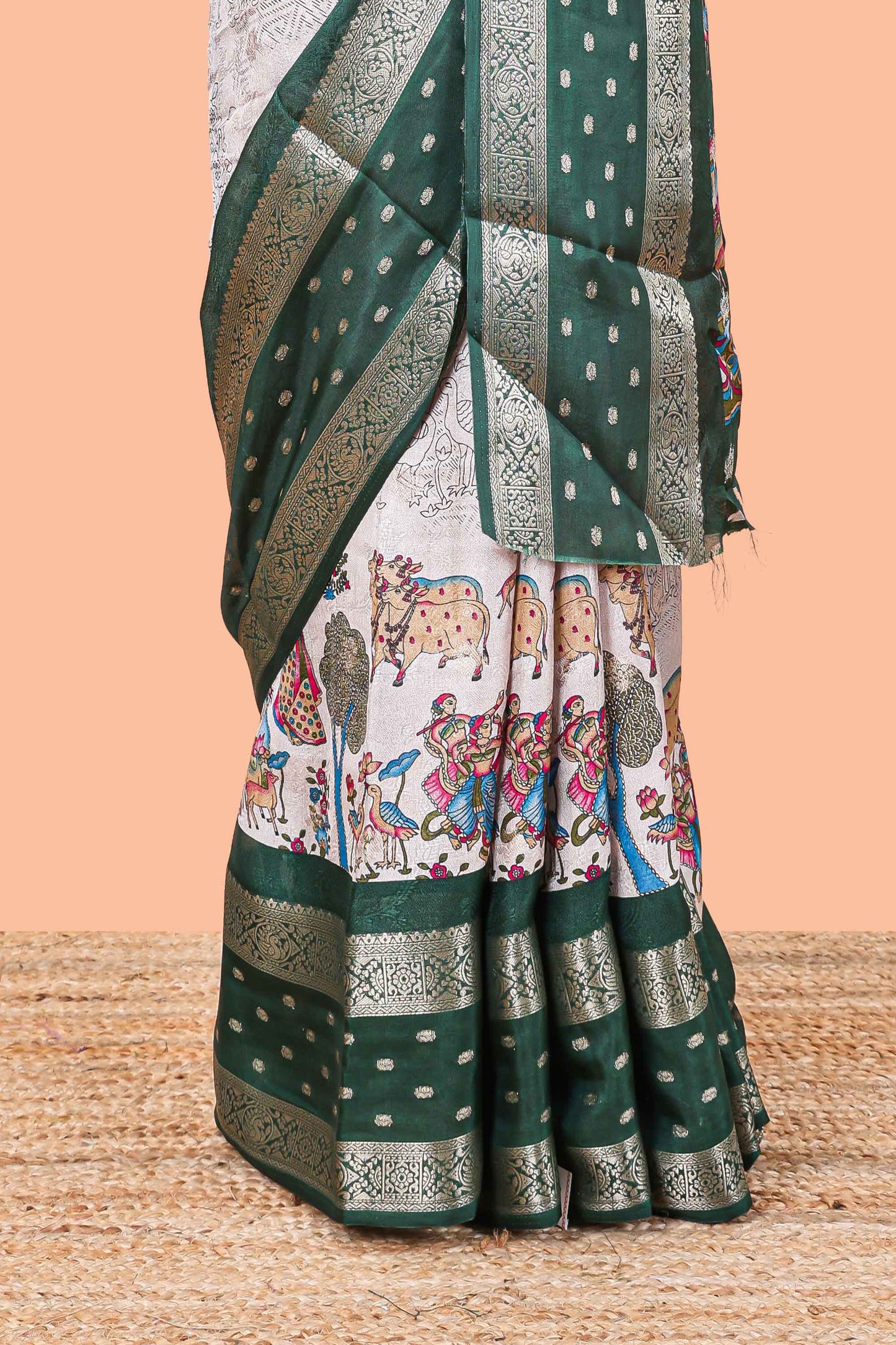 Green Mars Georgette Body Floral Print With Contrast Bentex Border Above Kalamkari Print With Kalamkari Pallu