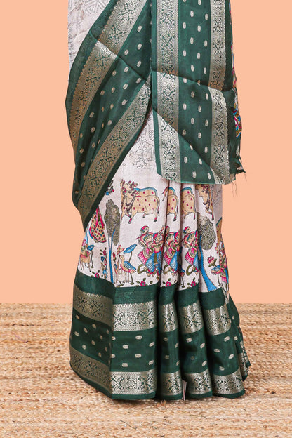 Green Mars Georgette Body Floral Print With Contrast Bentex Border Above Kalamkari Print With Kalamkari Pallu