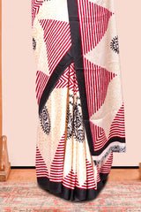 Read Modal Silk Saree Lightweight ,Flowy. Chevron Design , Contrast Border Along With Floral Printed Blouse