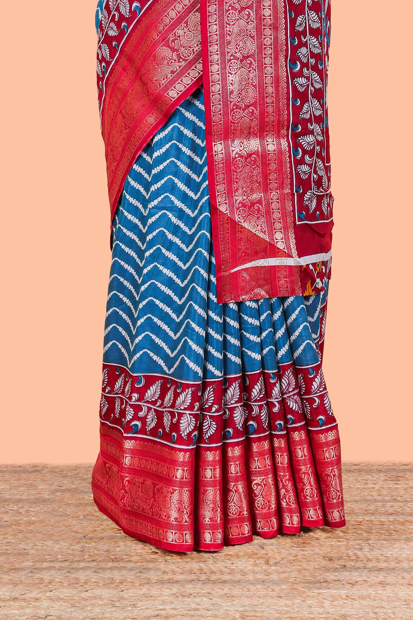 Turkish Blue Tusser Silk Geometrical Design With Jacquard Border