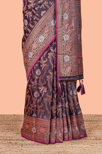 Dark Maroon Satin Silk Saree All Over Body Woven Jaal Design
