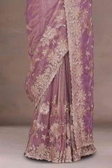 Twill Net Gold Zari Embroidery With Zarkan Diamond Saree