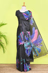 Black south cotton Saree With Multi Color Orchid Printed Across Body Along With White Dotted Blouse