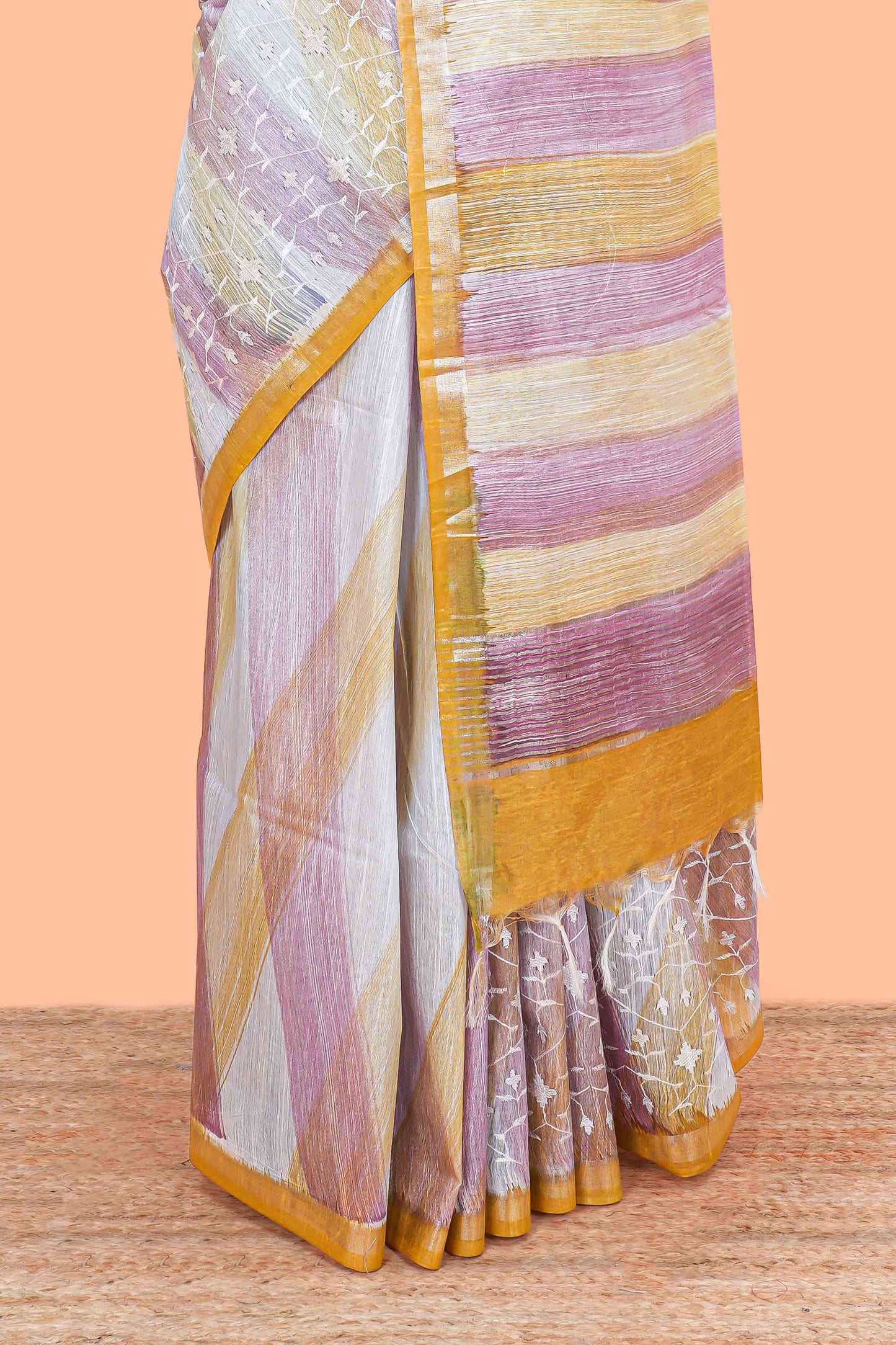 Art Tussar Multi Print With Chikenkaari Work Border Less With Tassels