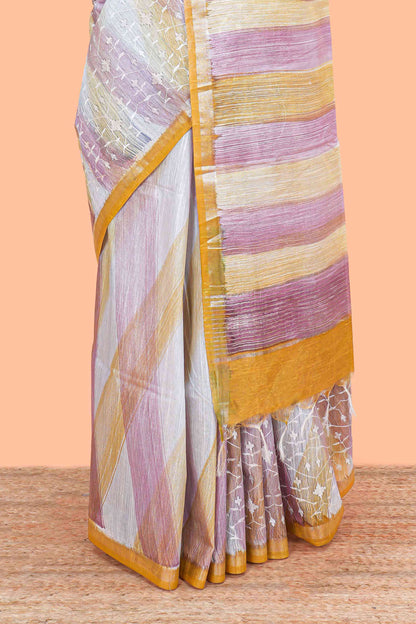 Art Tussar Multi Print With Chikenkaari Work Border Less With Tassels