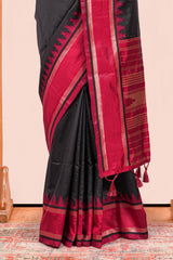 Black Art Silk Saree With Plain Body Contrast Gold Zari Stripes Pallu