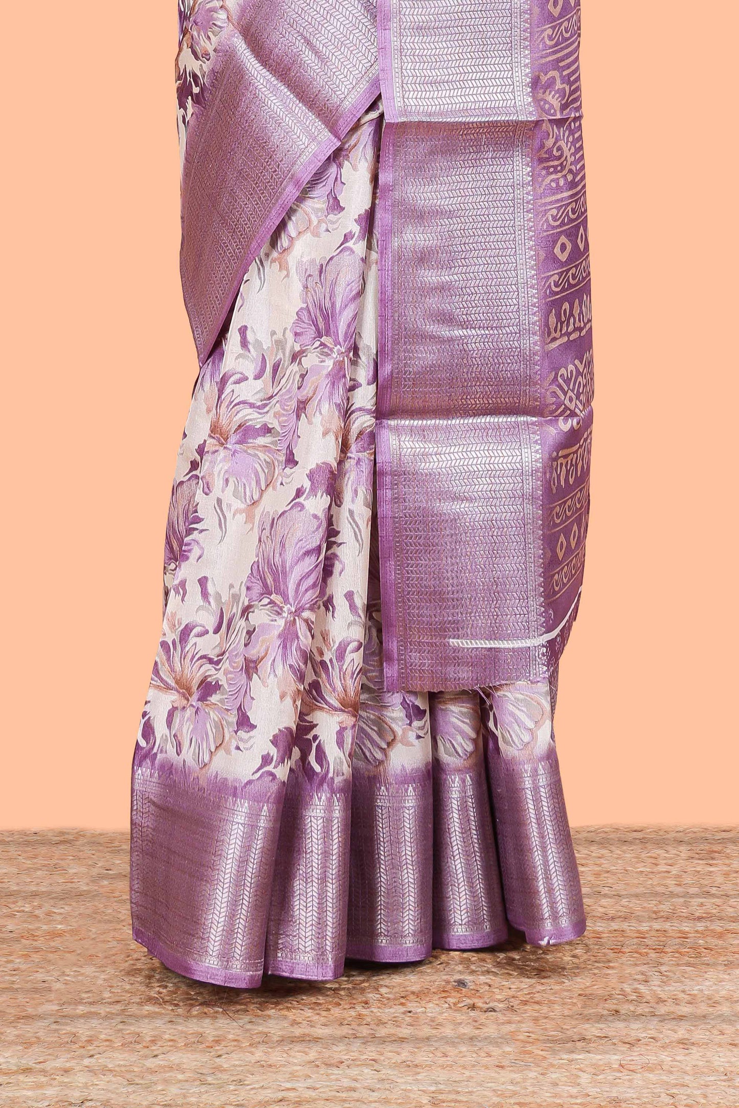 Lavender Semi Banaras Dola Silk Floral Printed With Jacquard Border