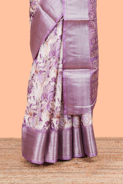 Lavender Semi Banaras Dola Silk Floral Printed With Jacquard Border
