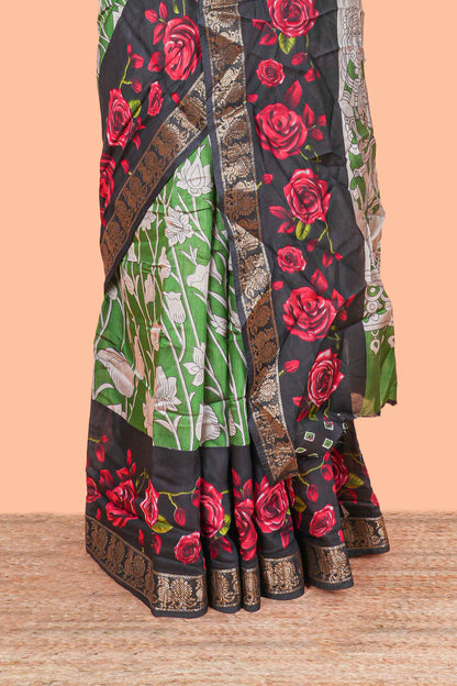 Green Chanderi Cotton Body and Pallu Kalamkari Print With Zari Border