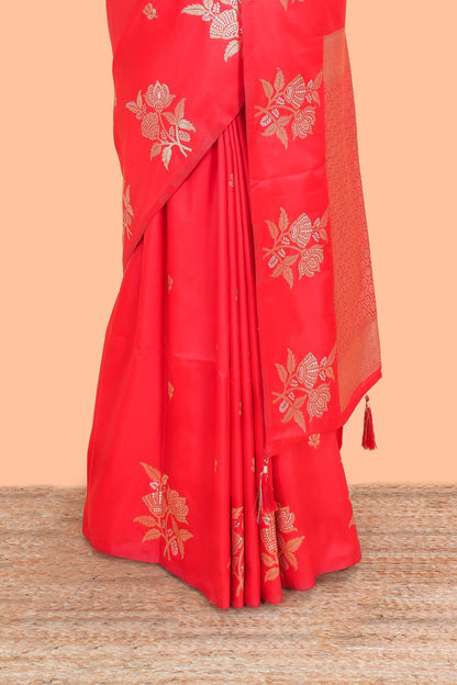 Red Art Silk Saree Flower Zari Motifs Across The Body &Jaal Design Pallu Along With Blouse
