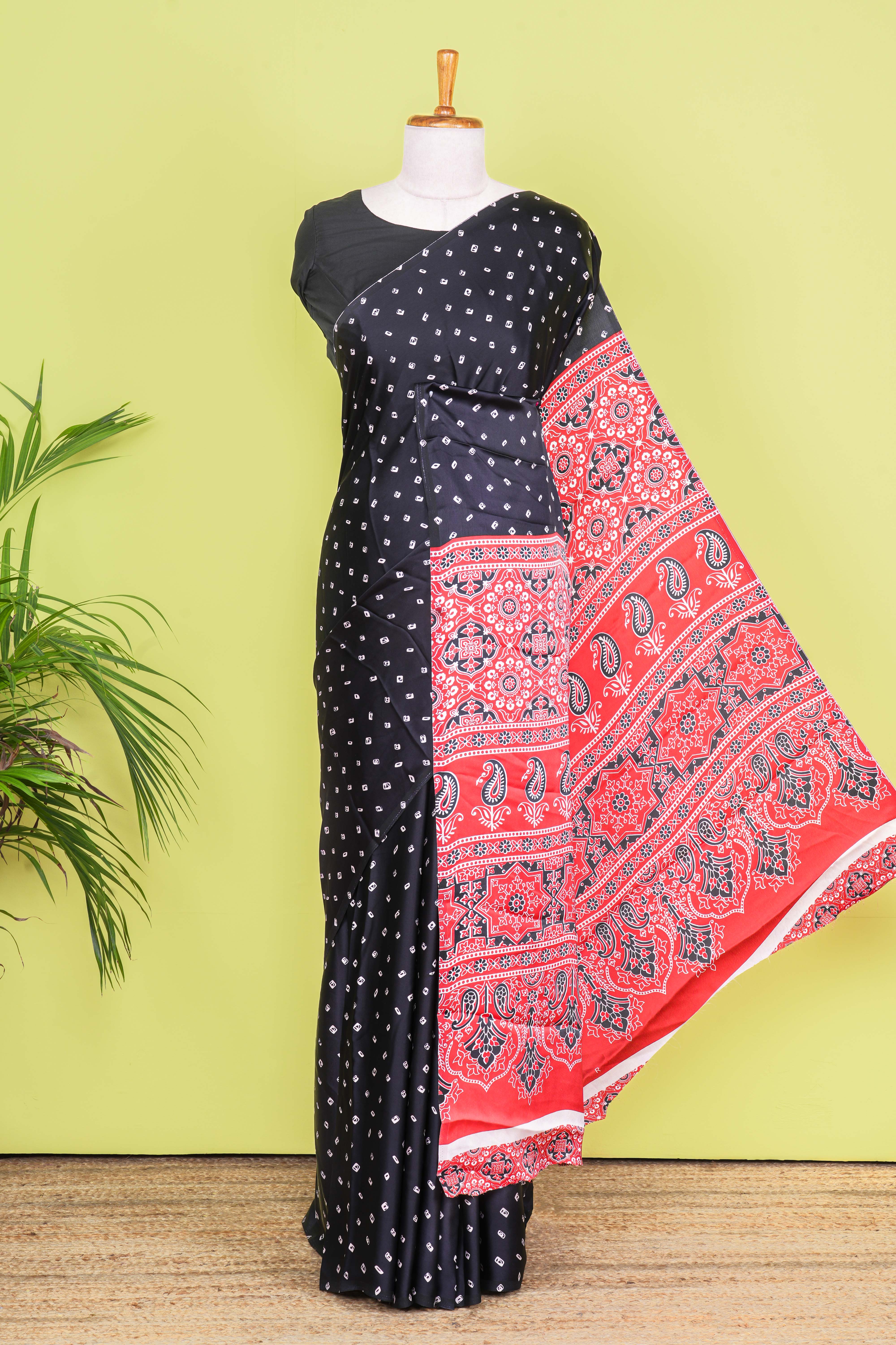 Black Modal Silk Saree Bandhani Print Across The Body With Ajrakh Design Pallu Along With Blouse