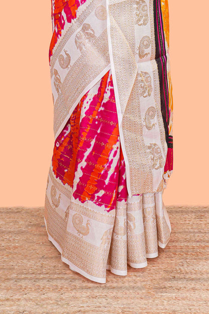 Dolo Silk Saree With tie and dye Abstract Print all Over Body with Kanchipuram Border and Rajastani Village art Pallu and Floral Print Blouse