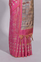 Bright pink warli printed semi tussar sareewith contrast warli printed pallu and matching blouse