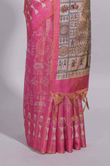 Bright pink warli printed semi tussar sareewith contrast warli printed pallu and matching blouse