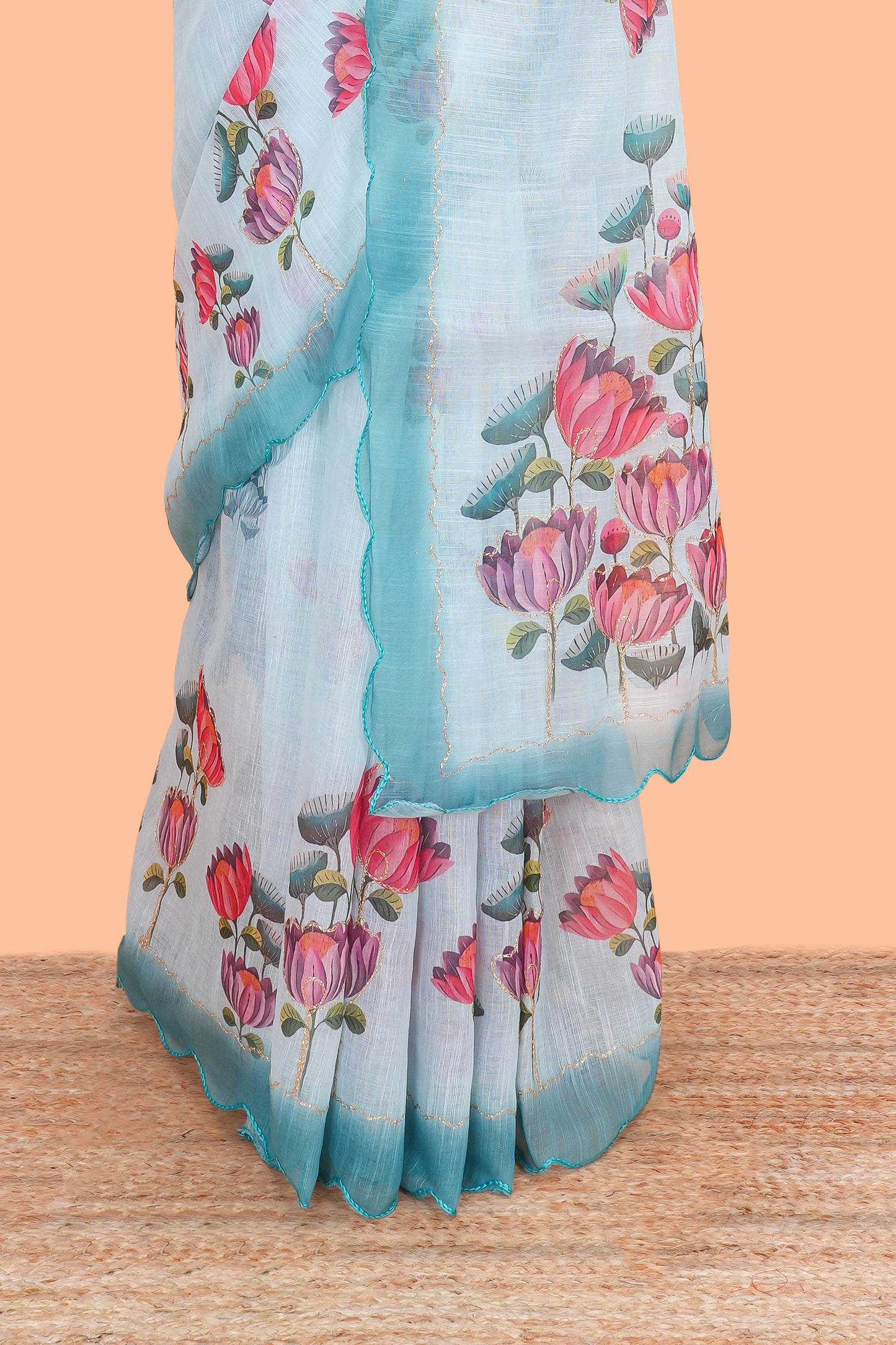 Linen Saree Body Printed With Outing Zari With Piping Cut Work