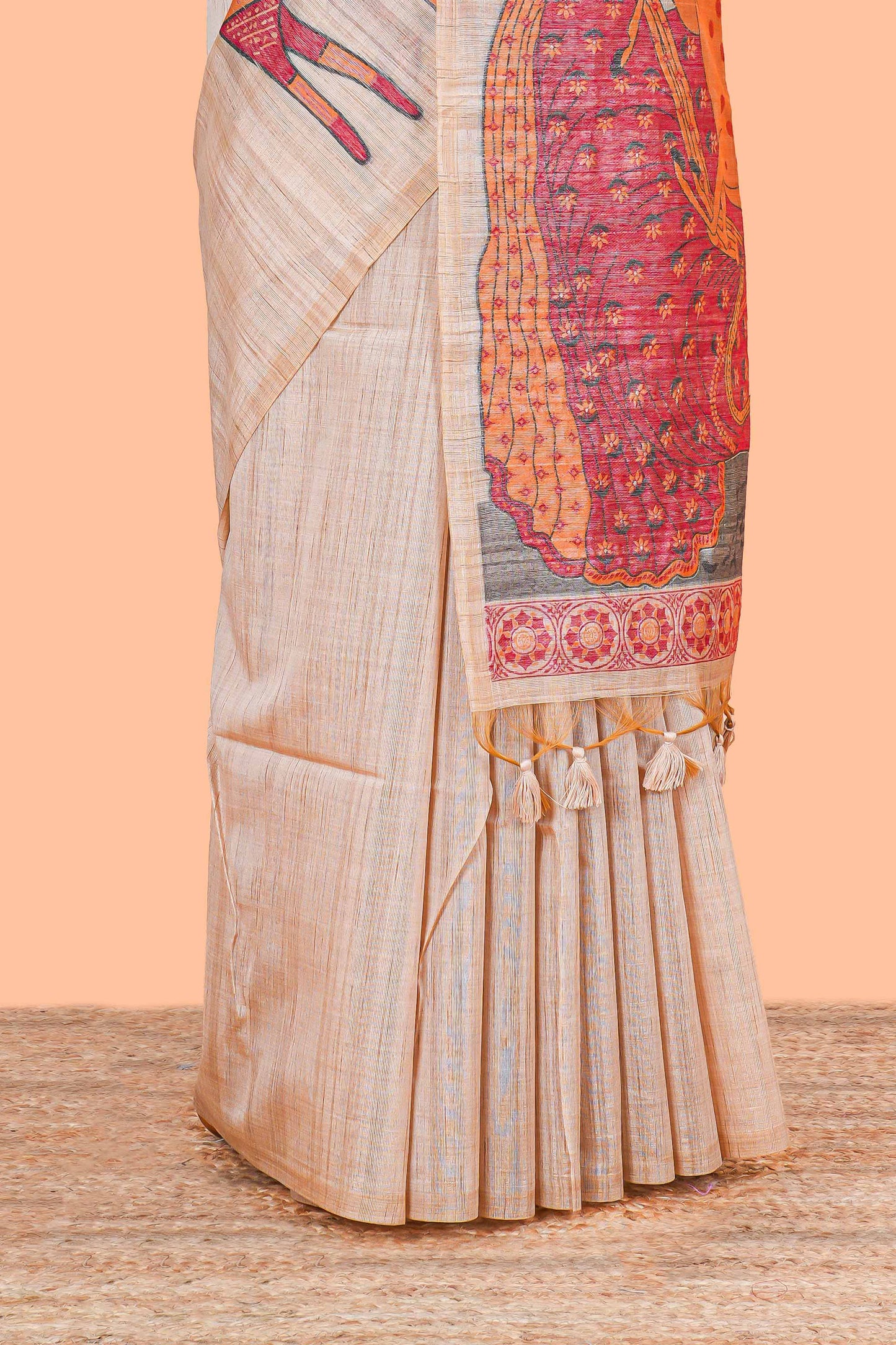 Borderless sandal animal themed woven munga cotton saree with printed pallu and blouse