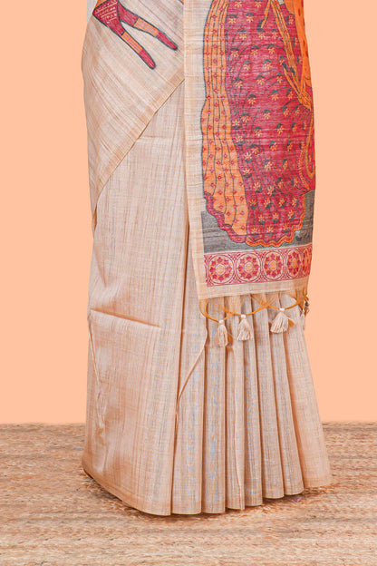 Borderless sandal animal themed woven munga cotton saree with printed pallu and blouse