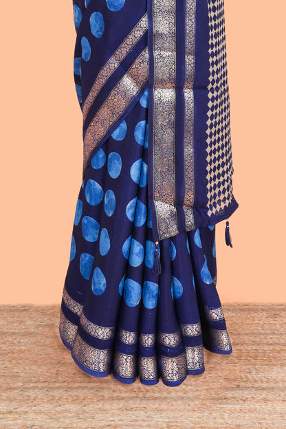 Blue Semi Chiffon Saree All Over Moon Design And Retta Petta Border