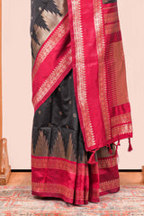Black Semi Art Silk Saree Delicate Golden Zari Motifs Along With Thalampoo Zari Woven Across The BodyZari Weaving And Contrast Pallu