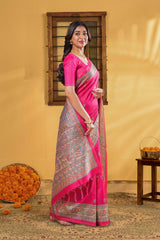 Art Tussar Saree Leaf Motifs Across The Body And Madhubani Print Pallu