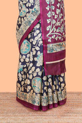 Blue floral vine kalamkari style south cotton saree with contrast border and blouse
