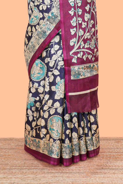 Blue floral vine kalamkari style south cotton saree with contrast border and blouse
