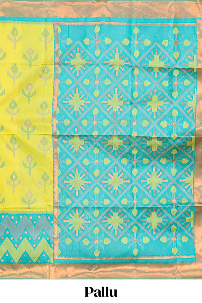 Parrot Green Semi Soft Silk Saree Body All Over Ikkat Pochampally Thread Weaving and Chevron Pattern Border With Ikkat Rich Pallu