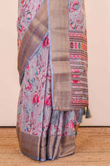 Grey Linen Saree Floral Print Across The With Jacquard Border