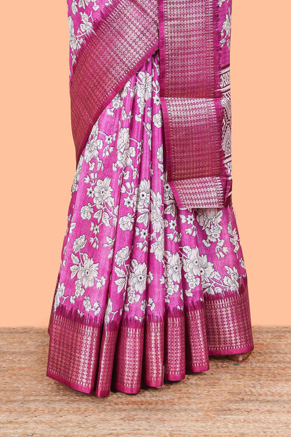 Purple Dola Silk Saree  Floral Printed With Jacquard Border