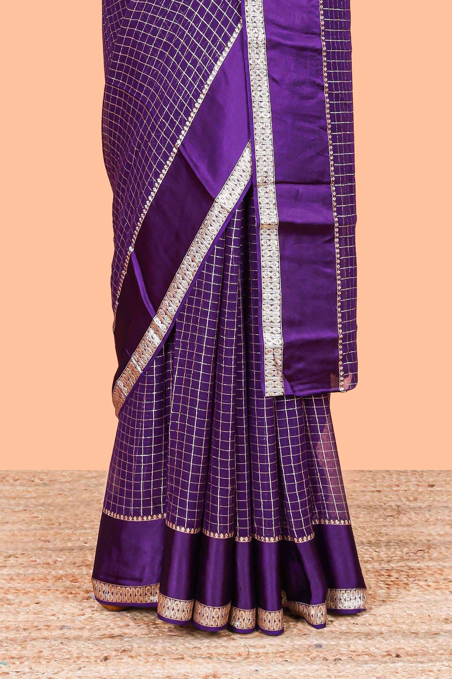 Violet Georgette Saree All Over Zari Check With Satin Border