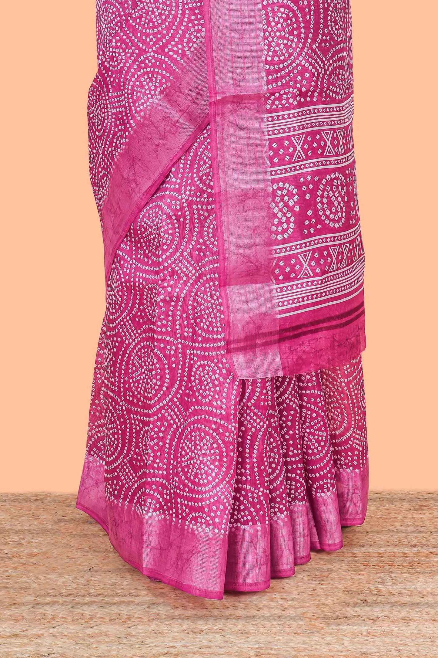Pink south cotton saree with bandhini print body & pallu and silver bawanchi border