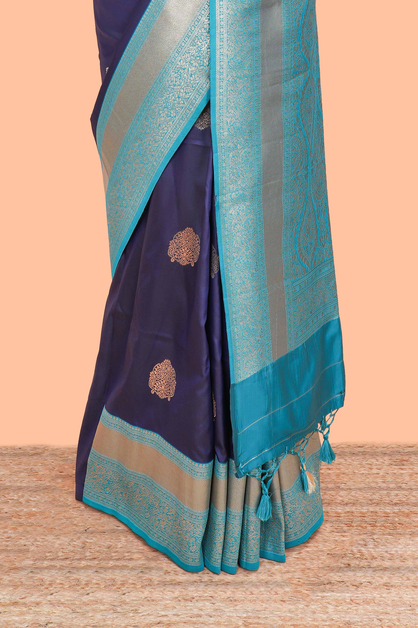 Raw Silk Saree Golden Zari Butta Across The Body And Contrast Pallu