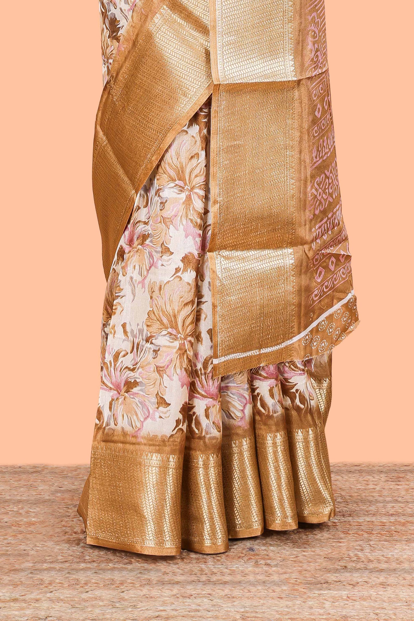 Brown Semi Banaras Dola Silk Floral Printed With Jacquard Border