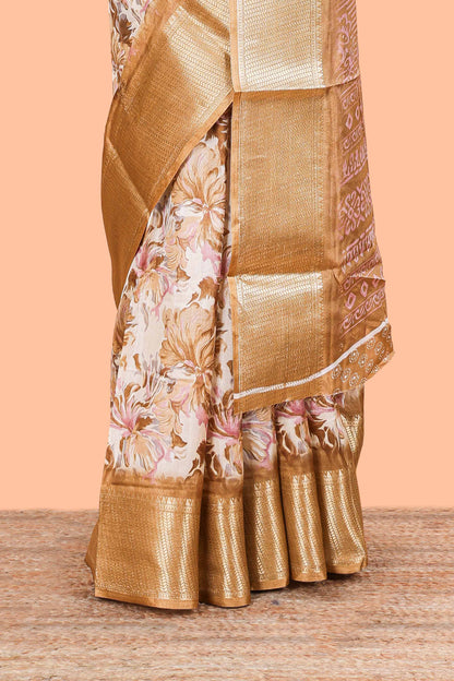 Brown Semi Banaras Dola Silk Floral Printed With Jacquard Border